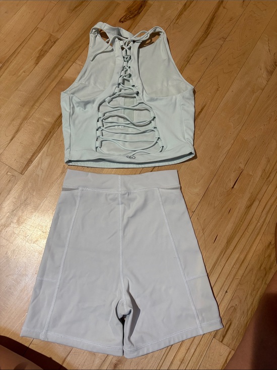 ALO Yoga Other - ALO Yoga Lace-Back Crop Tank and arie High-Waist Bike Shorts in Light Blue